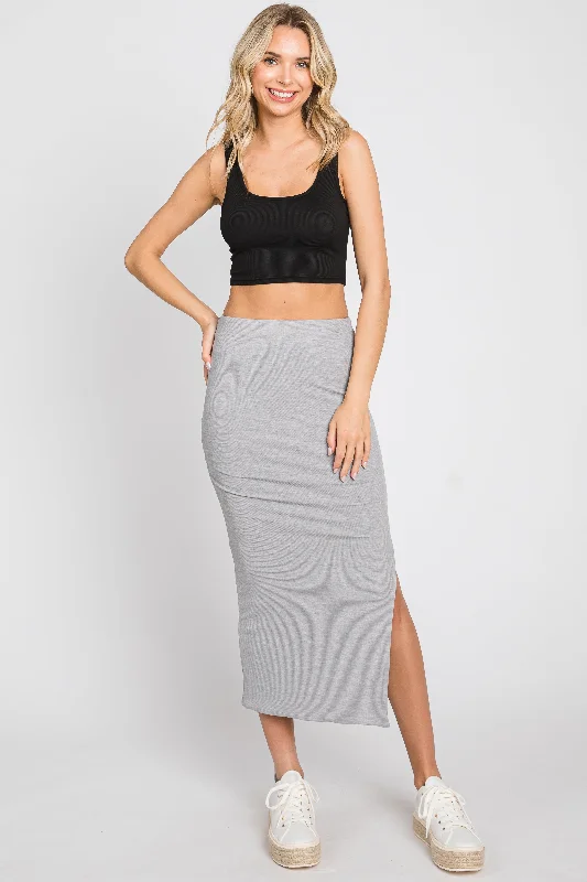 Affordable Women's Apparel Heather Grey Ribbed Side Slit Midi Skirt