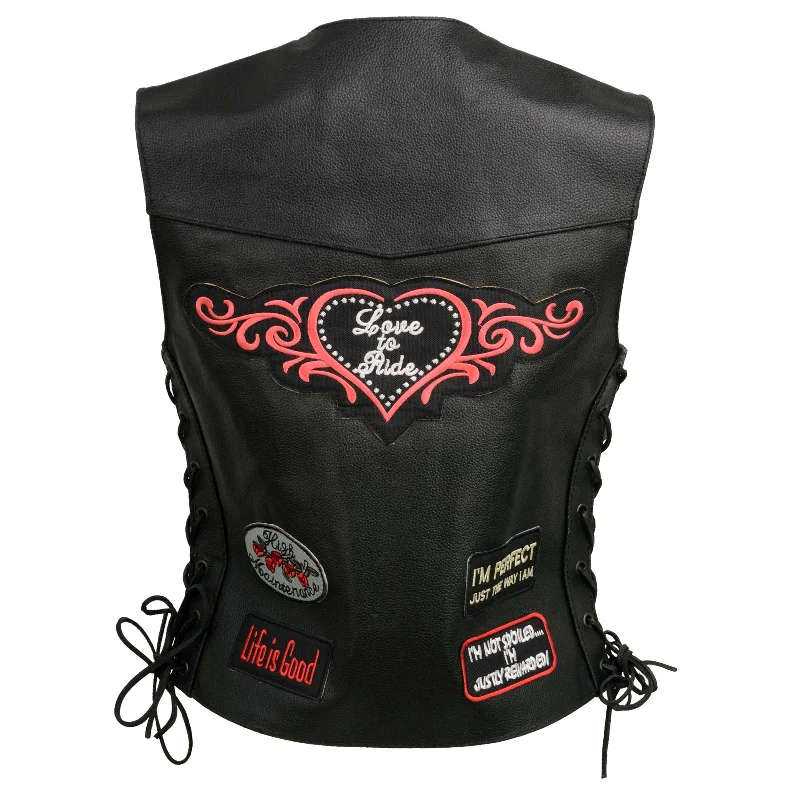 Easygoing Women's Style Event Leather ELL4900 Women’s 'Love to Ride' Black Leather Motorcycle Patched Embroidered Vests with Side Laces