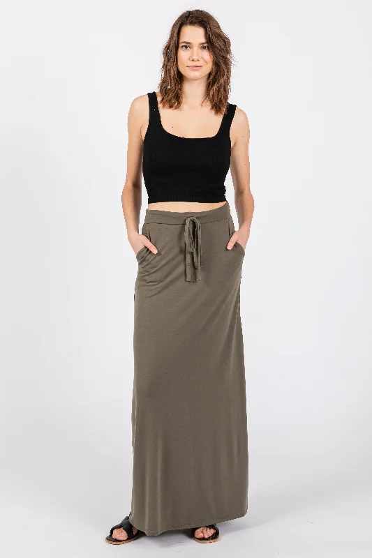 Women's Outerwear for All Weather Conditions Light Olive Drawstring Maxi Skirt