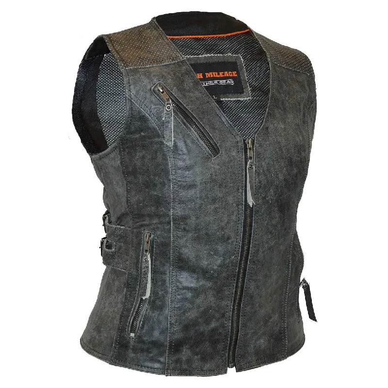 Women's Activewear Attire HML1037DG Ladies Distressed Gray Premium Leather Concealed Carry Motorcycle Vest