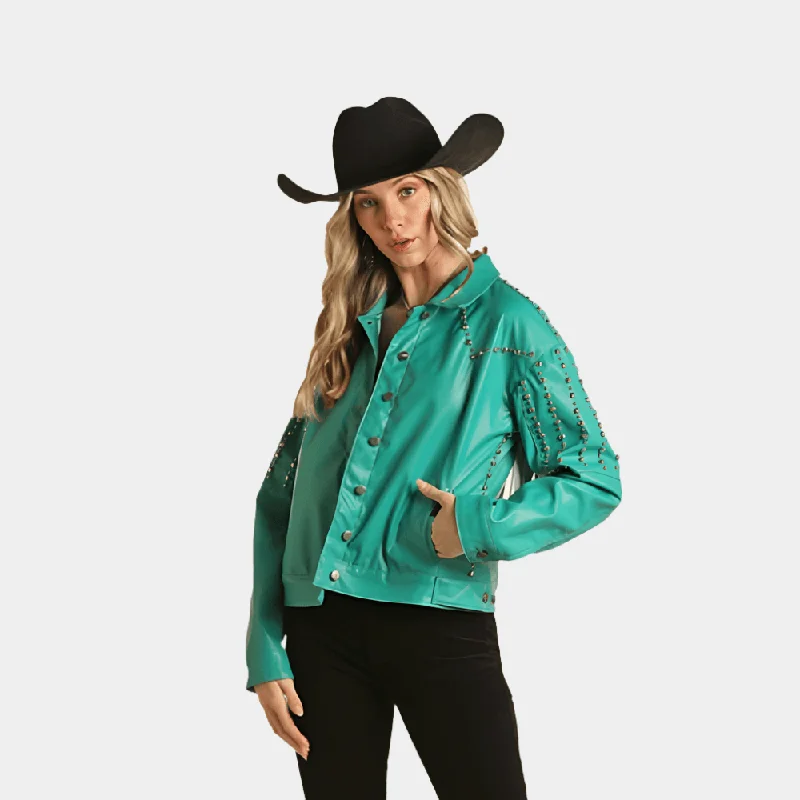 Women's Workout Clothing Rock and Roll Denim Studs Fringe Jacket