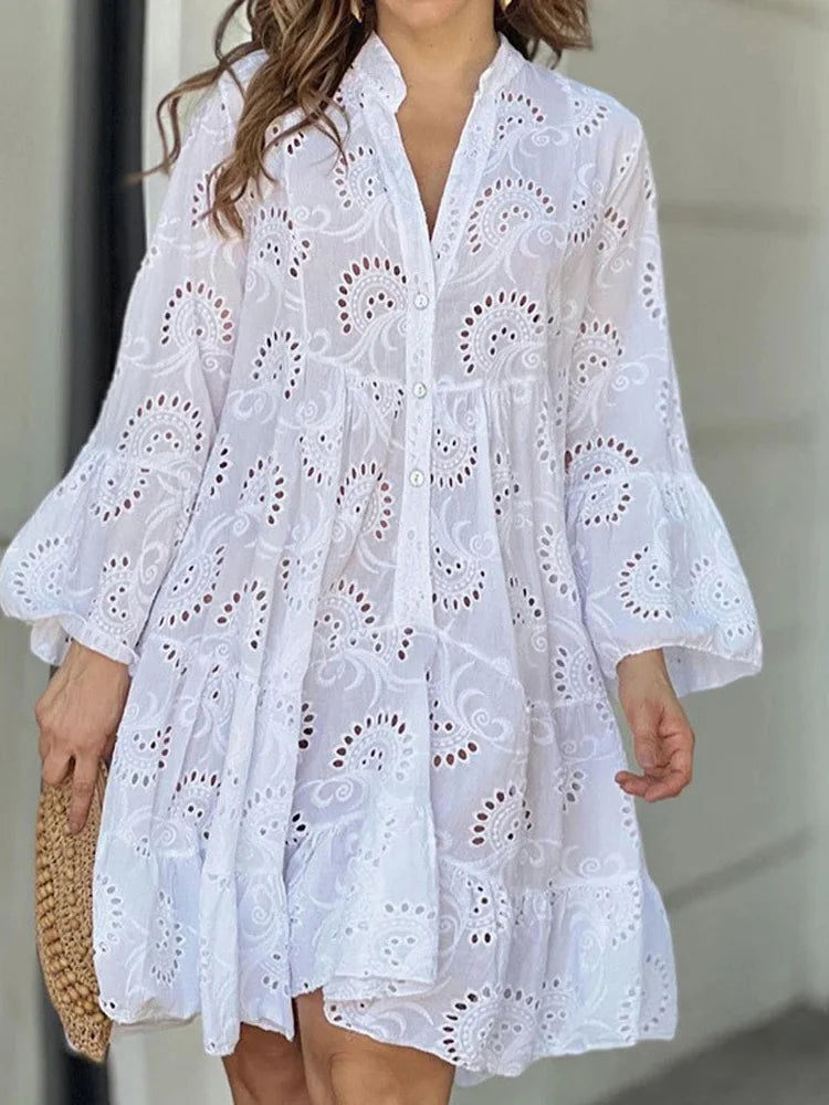 Casual Women's Clothing Online FashionSierra - Embroidery Lace Hollow Out Long Sleeve Mini Dress