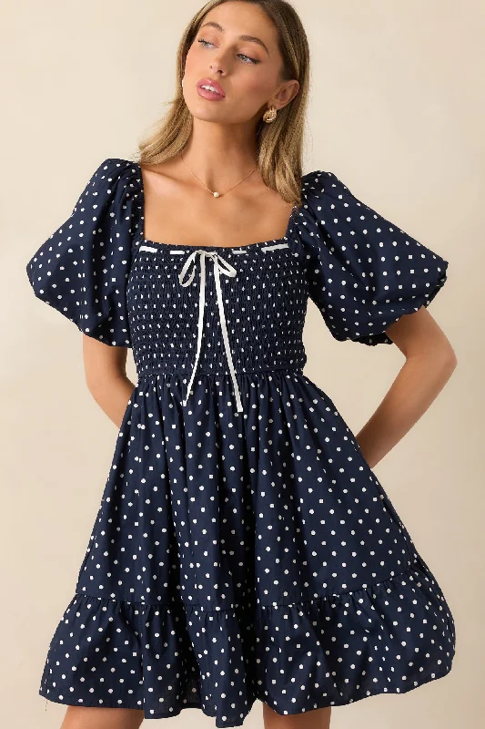 Bold and Elegant Women's Fashion Sailor's Sweetheart Cotton Navy Polka Dot Mini Dress Bold and Elegant Women's Fashion Sailor's Sweetheart Cotton Navy Polka Dot Mini Dress