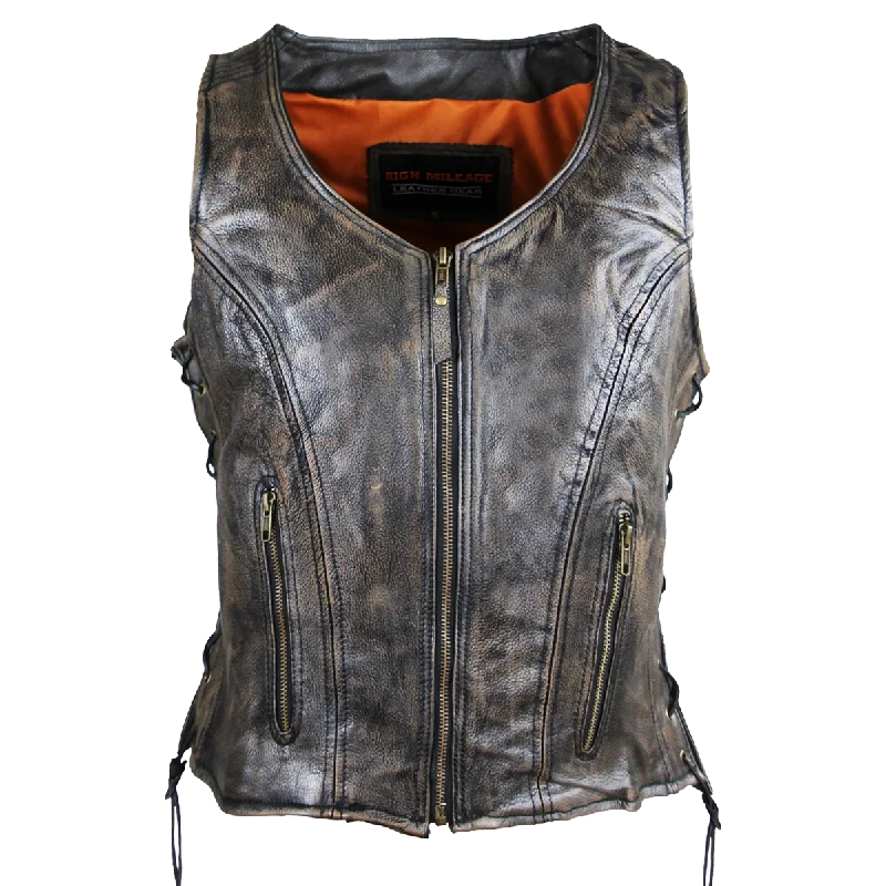 Stylish Women's Garments For Holidays HML1029DB Vance Leather High Mileage Ladies Distressed Brown Lace Side Vest