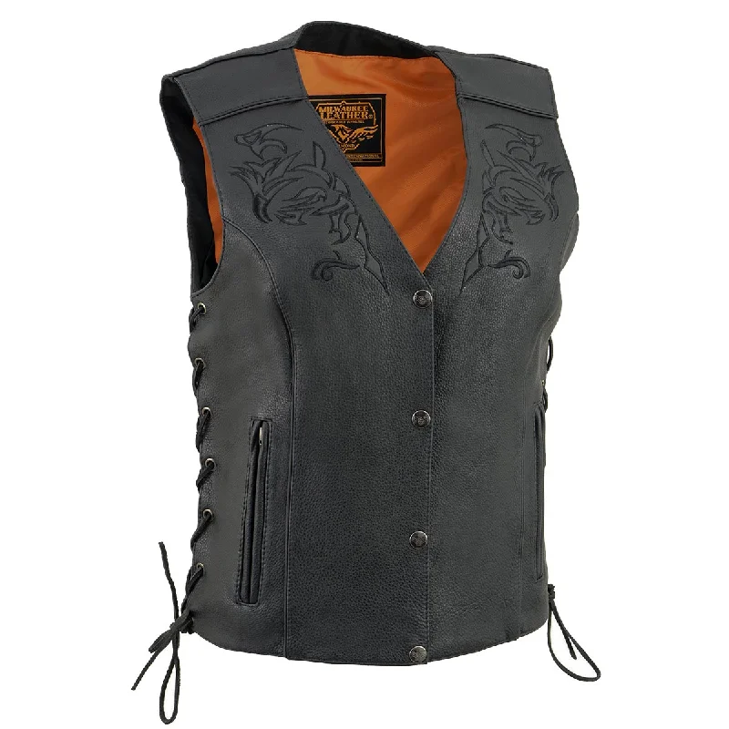 Women's Vintage Attire Milwaukee Leather ML1296 Women's Black Leather Side Laced Motorcycle Vest w/ Reflective Tribal