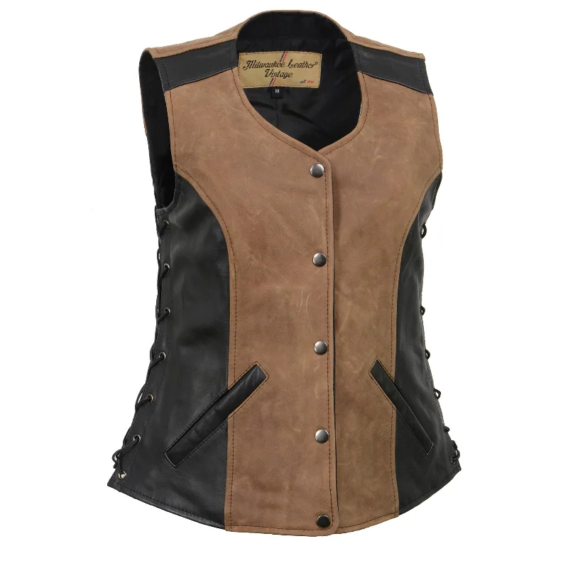 Unique Women's Fashion Pieces Milwaukee Leather MLL4508 Women's 'Trickster' Vintage Two Tone Crazy Horse Brown and Black Leather Club Style Motorcycle Vest