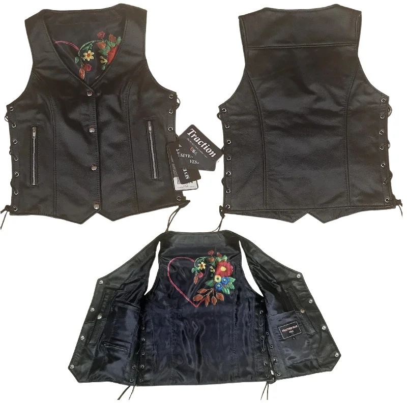 Women's Trendy Outfit Ladies Leather Vest with Heart and Floral Detail on Liner 264