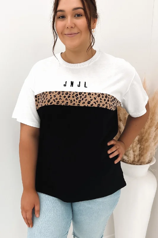 Women's Elegant Outfit Leopard Panel Up Tee Black