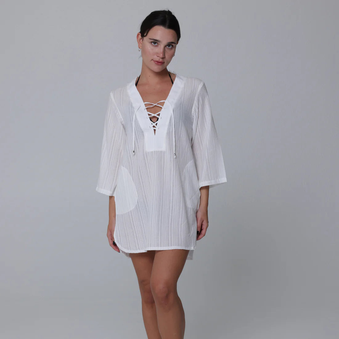 Women's Holiday Outfit J Valdi Matira Lace Neck Big Coverup Tunic Shirt - White