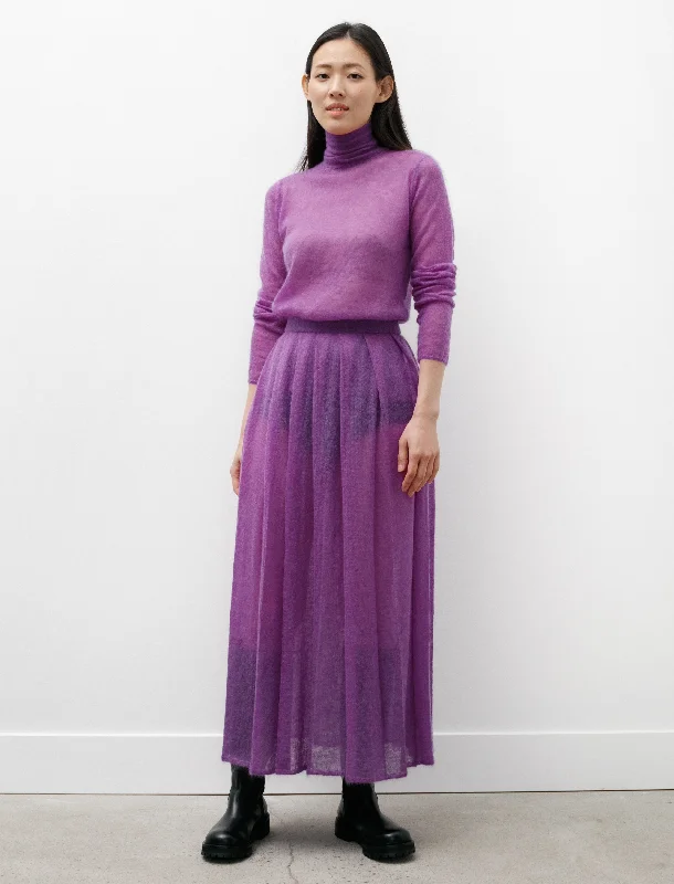 Women's Stylish Outerwear Kid Mohair Sheer Knit Pleated Skirt Purple