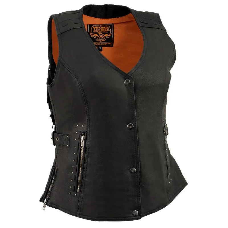 Women's Athletic Outfit Milwaukee Leather MLL4565 Women's Black Fringed Leather Rivet Detail Side Buckle and Zipper Motorcycle Rider Vest