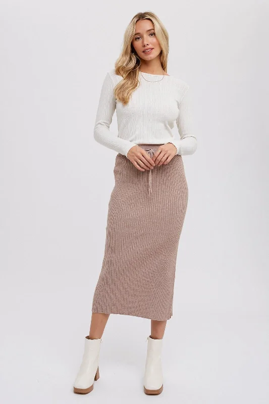 Women's Office Outfit Mocha Rib Knit Midi Skirt