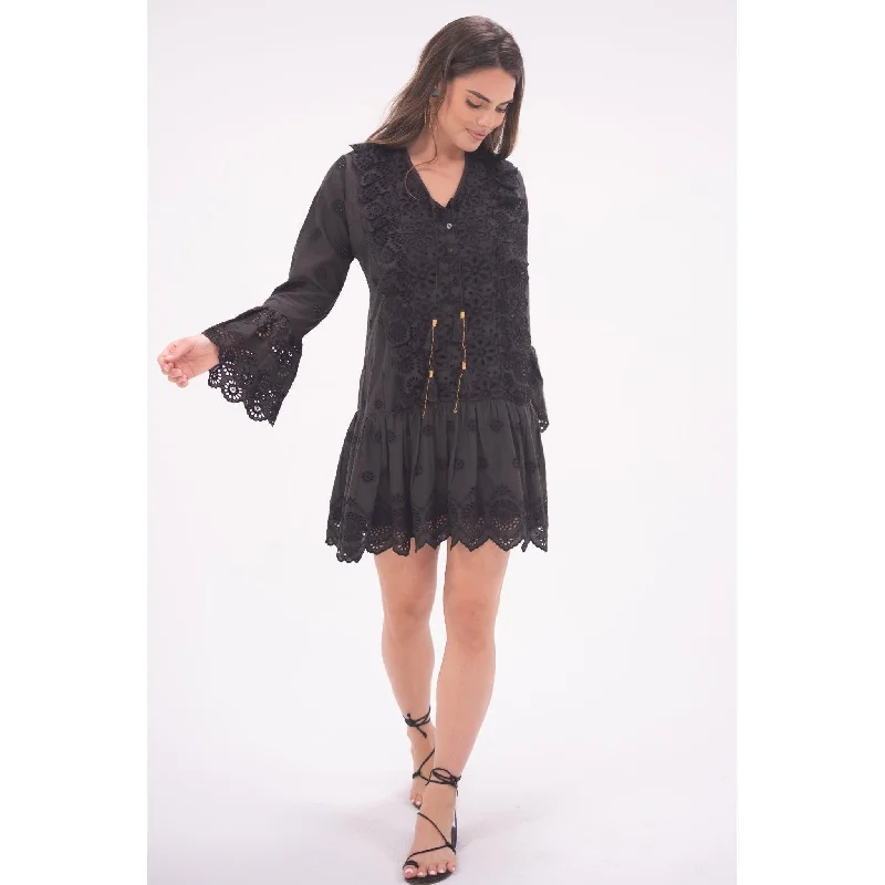 Women's Clothes For Outdoor Events Black Eyelet Flounce Dress