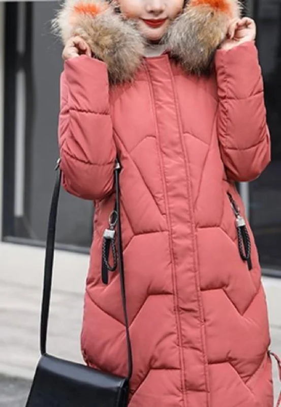 Women's Elegant Outfit Womens Casual Puffer Coat with Faux Fur Hood in Pink