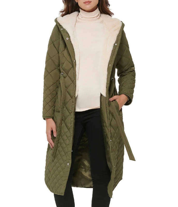 Clearance Sale Online Belted quilted long jacket With Faux Sherpa Lining