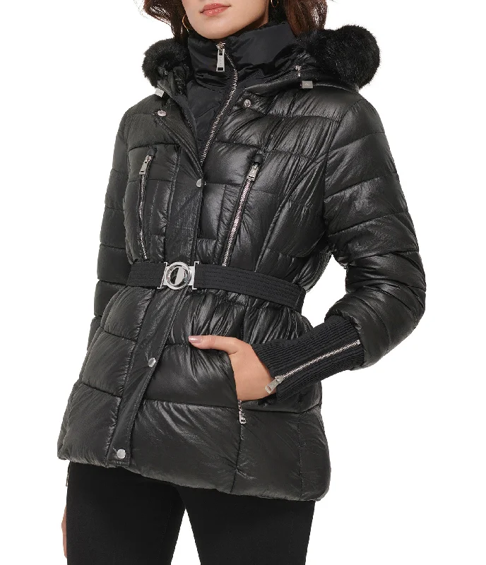 Discount Store Apres Ski Crinkle Metallic Belted Coat With Hood