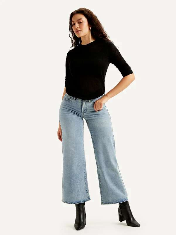Modern Women's Outfit Women's Mid Rise Flared Light Blue Jeans
