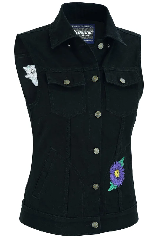 Women's Trendy Outfits DM945 Women's Black Denim Snap Front Vest with Purple Daisy