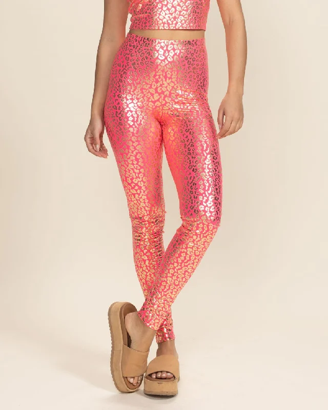 Workwear Fashion for Women Women's Metallic Leggings | Neon Metallic Pink Leopard