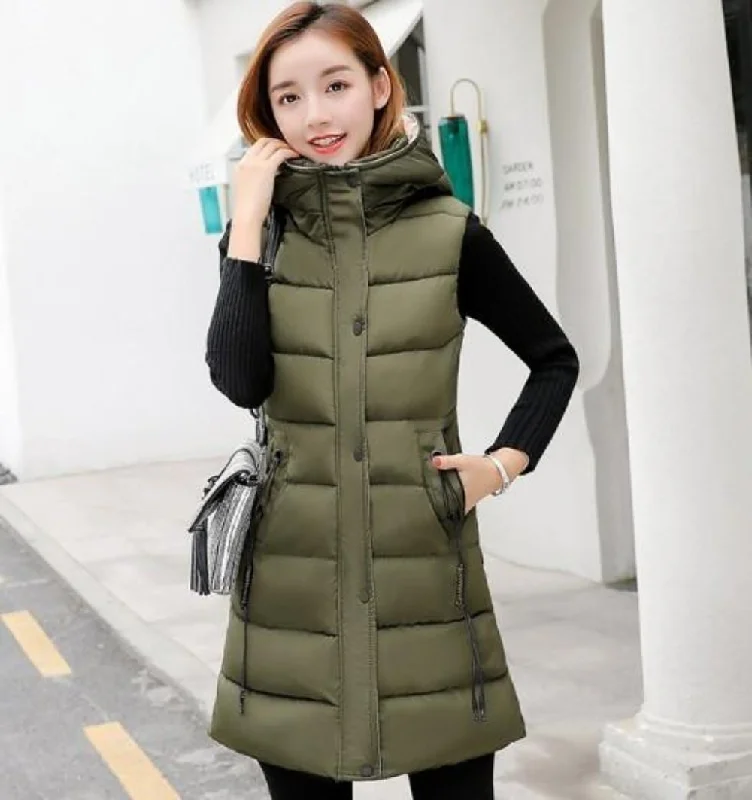 Women's Athletic Garments Womens Army Green High Collar Hooded Puffer Winter Vest