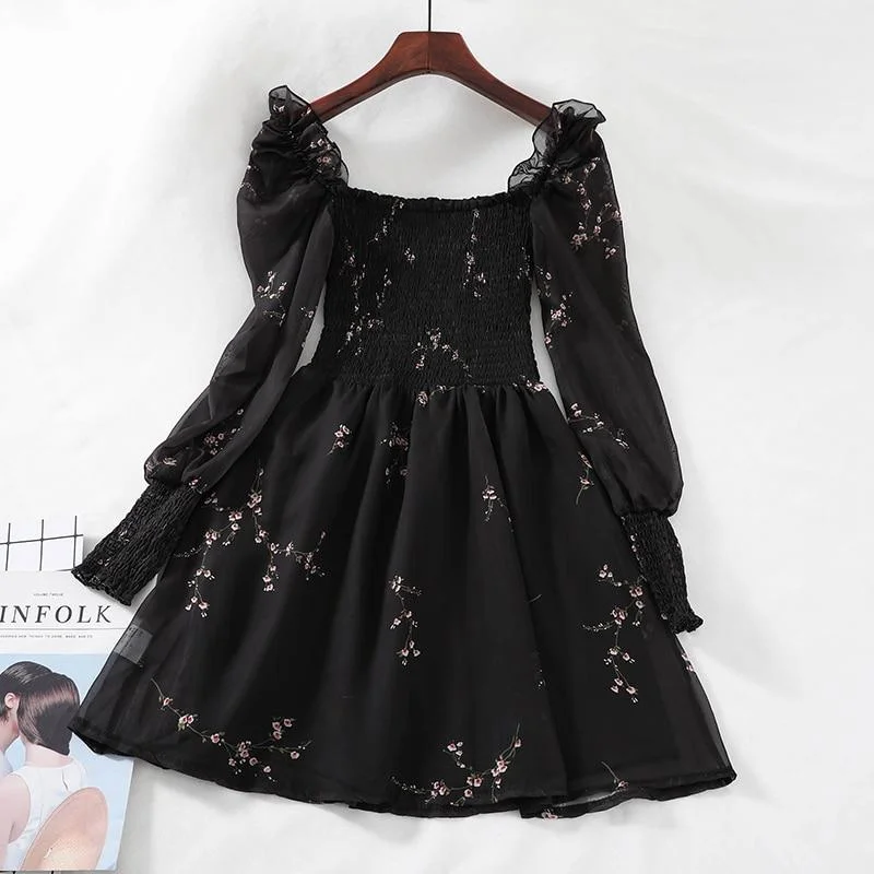 Women's Transitional Clothes FashionSierra - Black Mini Dresses  Vintage Flower Long Puff Sleeve Chiffon Dresses