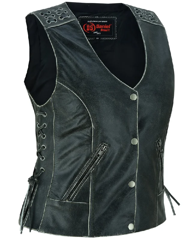 Women's Outerwear Apparel DS285V Women's Gray Vest with Grommet and Lacing Accents