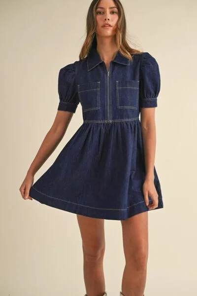 Timeless Women's Apparel Collared Neck Half Zip Denim Dress