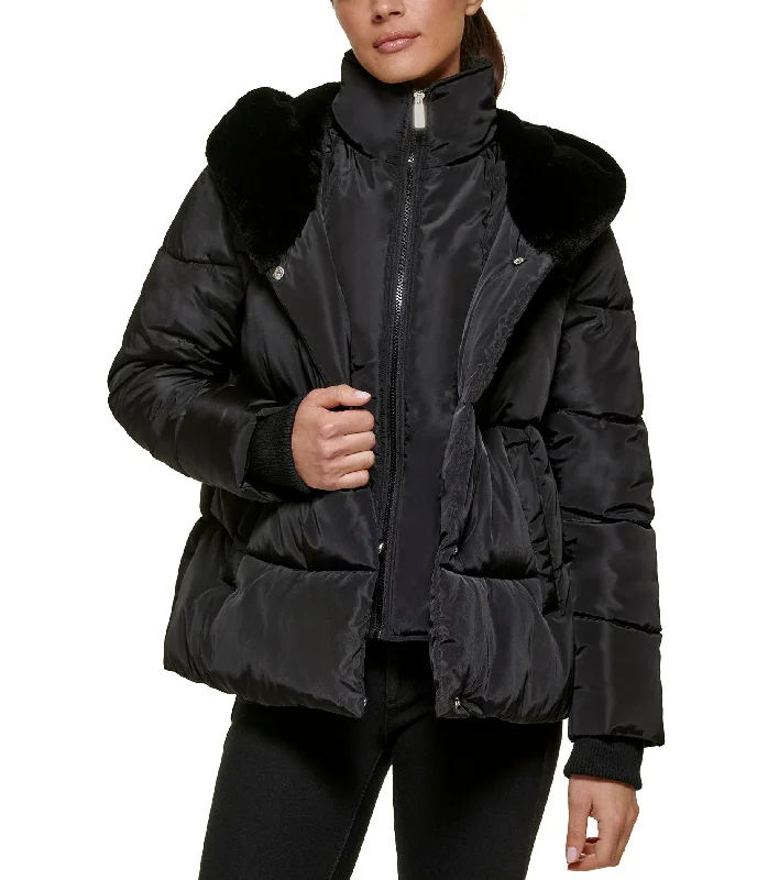 Women's Clothing for All Occasions Quilted Puffer with Bib and Faux Fur Lined Hood