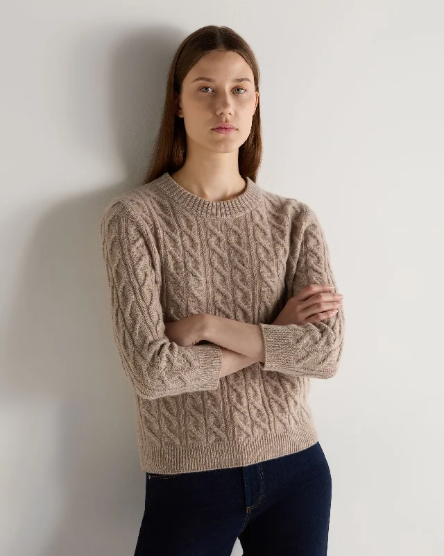 Women's Vacation Clothes Women's Emilia Cable Round Neck Cashmere Sweater Oatmeal Brown Women's Vacation Clothes Women's Emilia Cable Round Neck Cashmere Sweater Oatmeal Brown