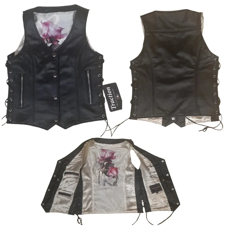 Women's Fashion Essentials Ladies Leather Biker Vest with White Rose Lining 268