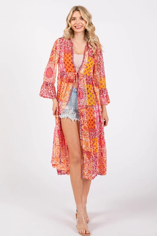 Affordable Luxury Women's Apparel Pink Floral Paisley Metallic Striped Tie Front Cover Up