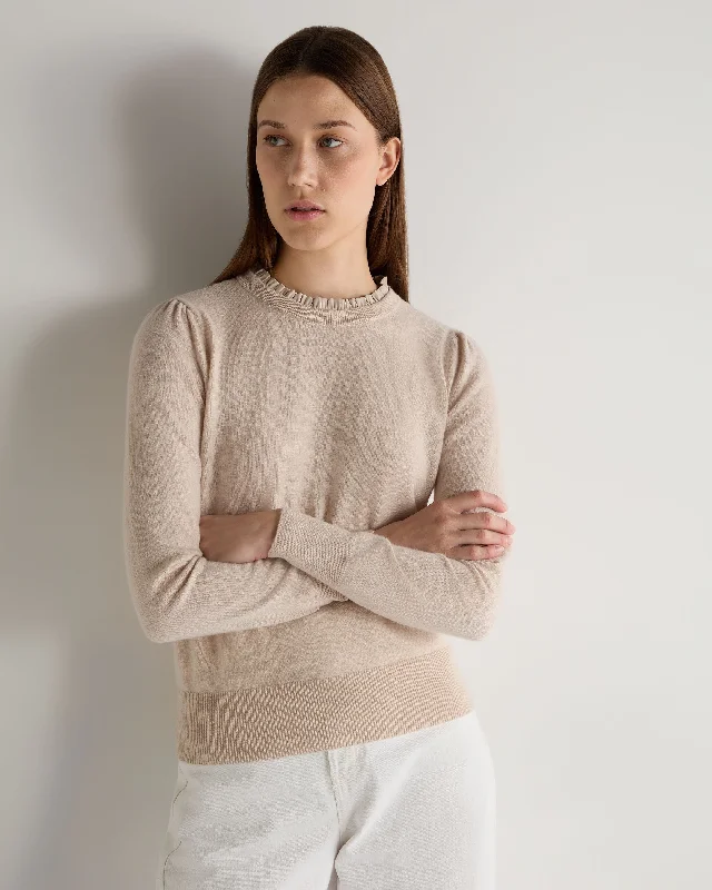 Women's Clothes For Work Women's Woven Ruffle Cashmere Sweater Ecru White