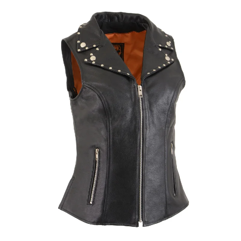 Stylish Dresses for Women Milwaukee Leather MLL4503 Women's Black V-Neck Leather Classic Motorcycle Rider Vest w/ Riveted Lapel Collar