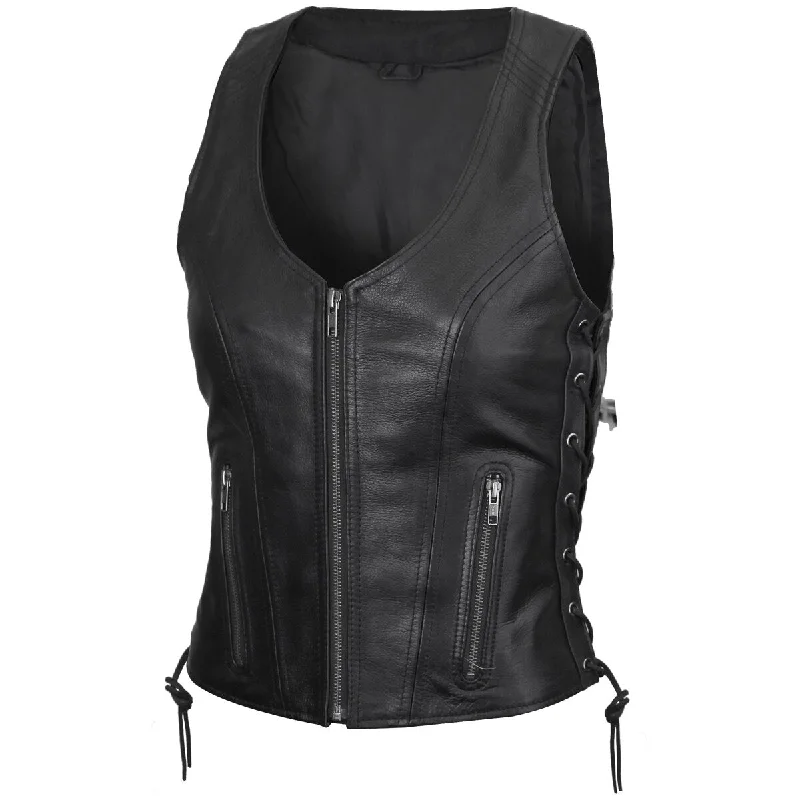 Women's Trendy Apparel VL1029 Vance Women's Black Lace Side Zipper Pocket Premium Cowhide Leather Biker Motorcycle Vest