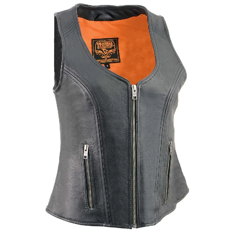 Women's Travel Attire Milwaukee Leather MLL4530 Women's Black Leather Open Neck Motorcycle Rider Vest W/ Front Zip and Stitching detail