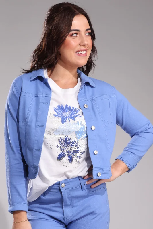 Fashion-Forward Women's Clothing Stretch Coloured Cotton Crop Jacket | SOFT BLUE | 6921A1 Fashion-Forward Women's Clothing Stretch Coloured Cotton Crop Jacket | SOFT BLUE | 6921A1
