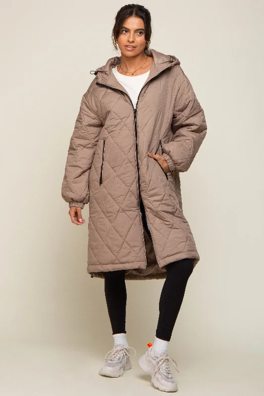 Women's Vintage Clothes Light Taupe Quilted Long Puffer Jacket
