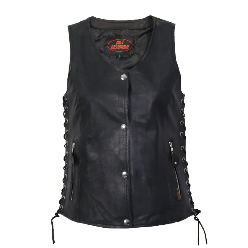 Women's Luxury Garments Hot Leathers VSL1010 Ladies Black Lambskin Side Lace Vest