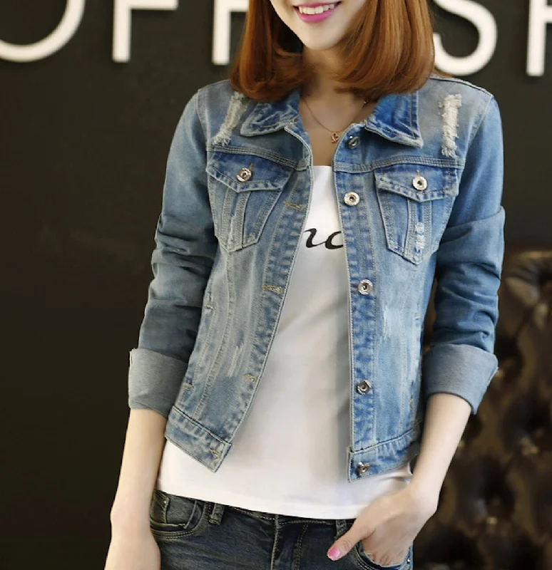 Contemporary Women's Clothing Womens Ripped Short Denim Jacket