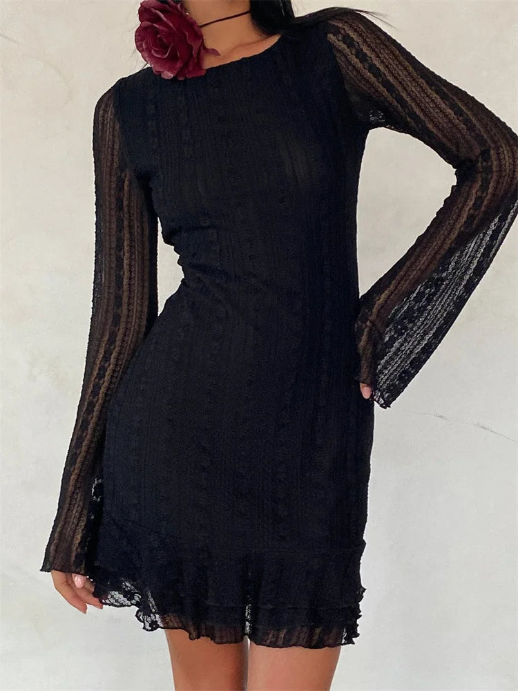 Clothing Sales FashionSierra - Sexy Lace Party Clubwear Long Flare Sleeve Mesh See Through O-neck Mini Dress