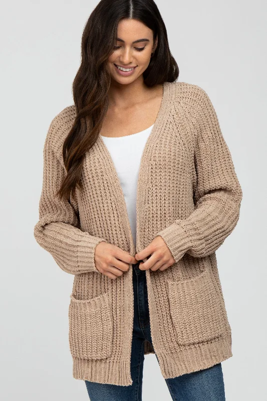 Women's Relaxed Clothes Taupe Ribbed Cable Knit Cardigan