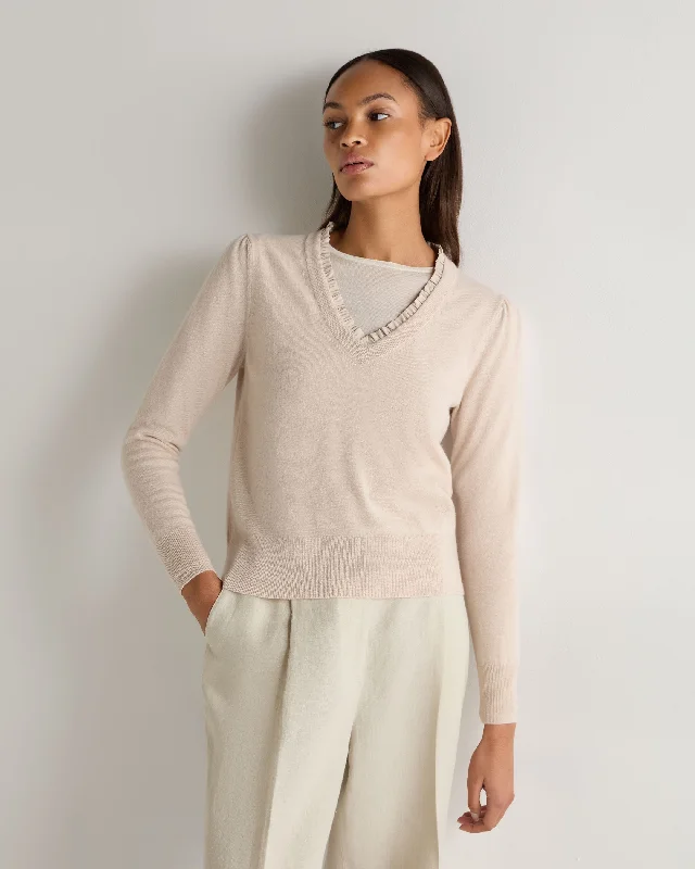 Affordable Women's Clothing Women's Ruffle Trim V Neck Cashmere Sweater Ecru White Affordable Women's Clothing Women's Ruffle Trim V Neck Cashmere Sweater Ecru White