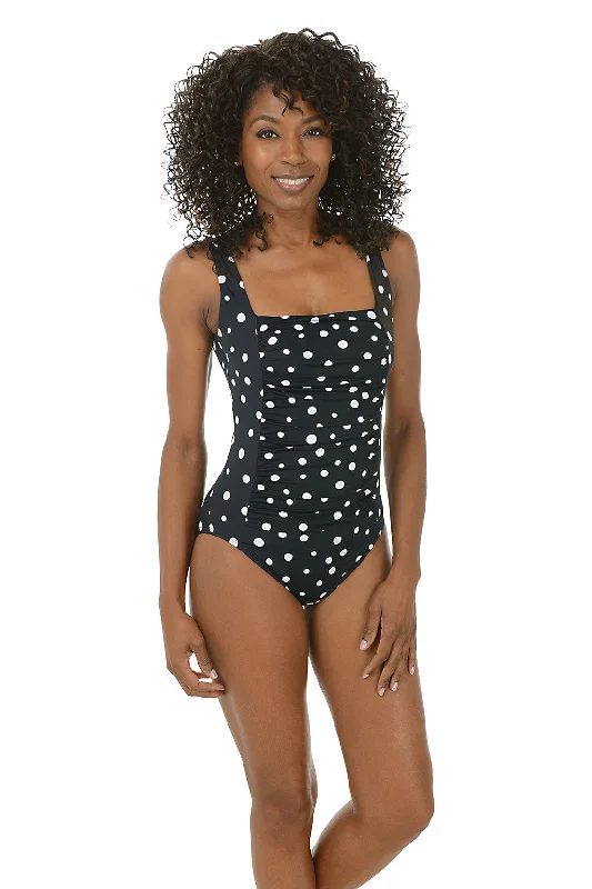 Relaxed Fit Women's Fashion Vintage Dots Square Neck Princess Seam Swimsuit