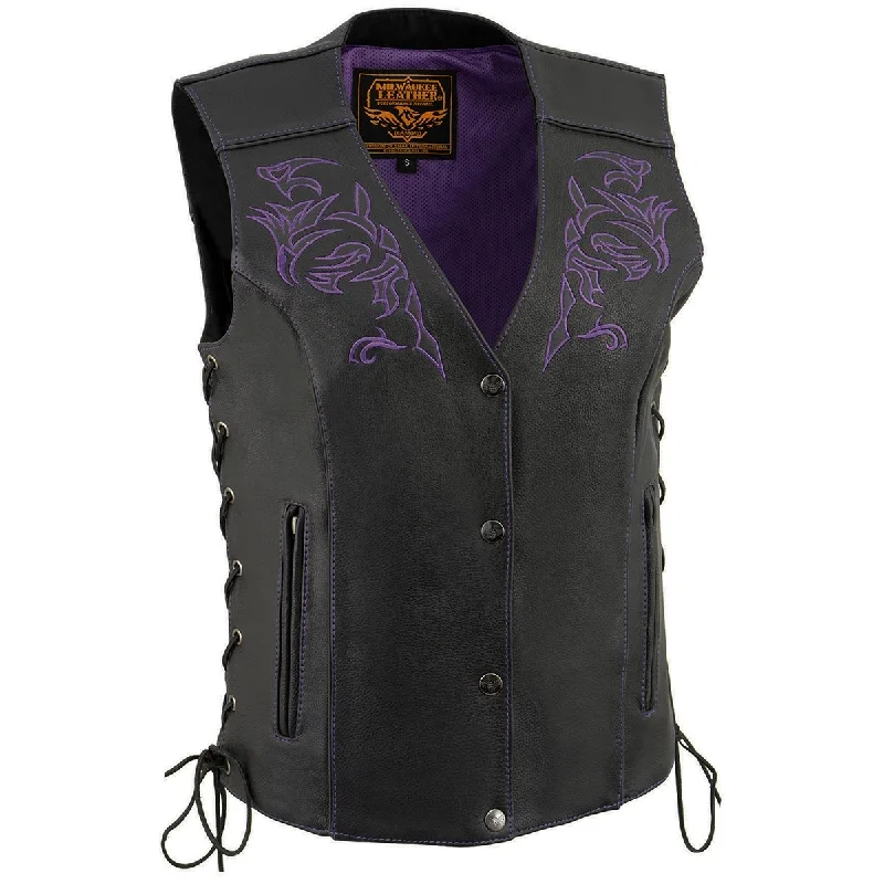 Formal Outfit For Women Milwaukee Leather ML1296 Women's Black/Purple Leather Side Laced Motorcycle Vest w/ Reflective Tribal