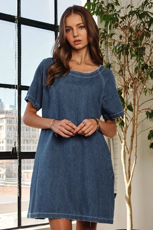 Women's Chic Apparel Raw Hem Mini Denim Dress with Pockets