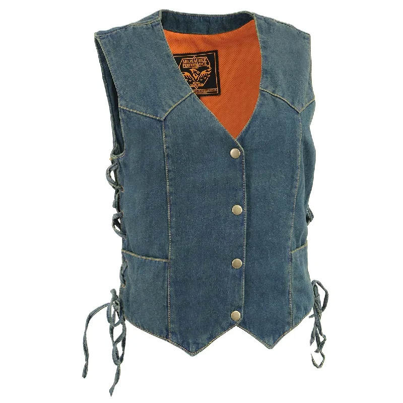 Stylish Women's Outfit Milwaukee Leather MDL4001 Women's Blue Side Lace 4 Snap Front Denim Vest