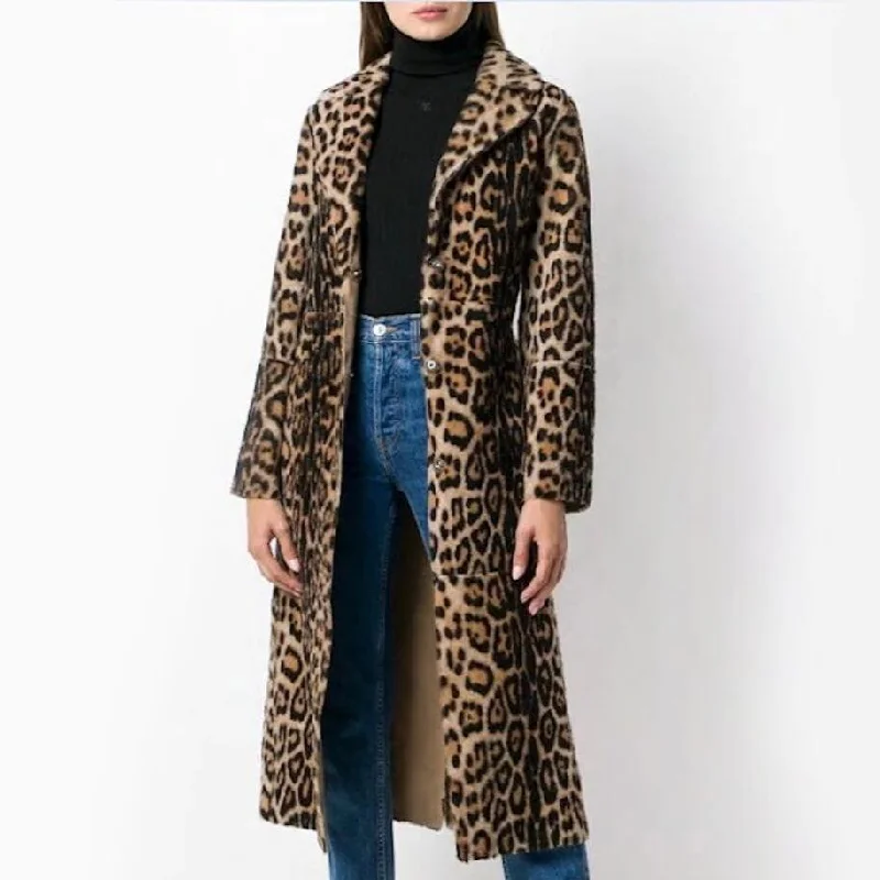 Online Clothing Stores Womens Faux Fur Leopard Coat with Waist Tie