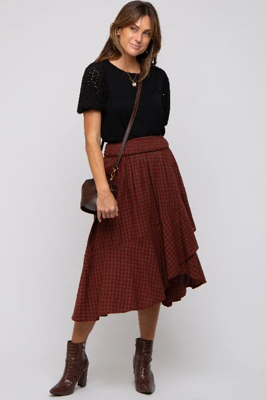 Women's Party Outfit Burgundy Plaid Ruffle Midi Skirt