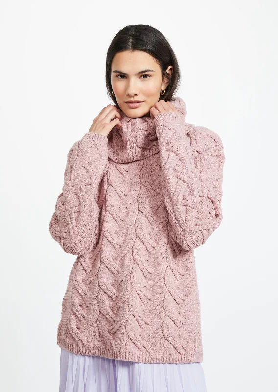 Chic Women's Clothing Aran Cowl Neck Chunky Sweater | Pink