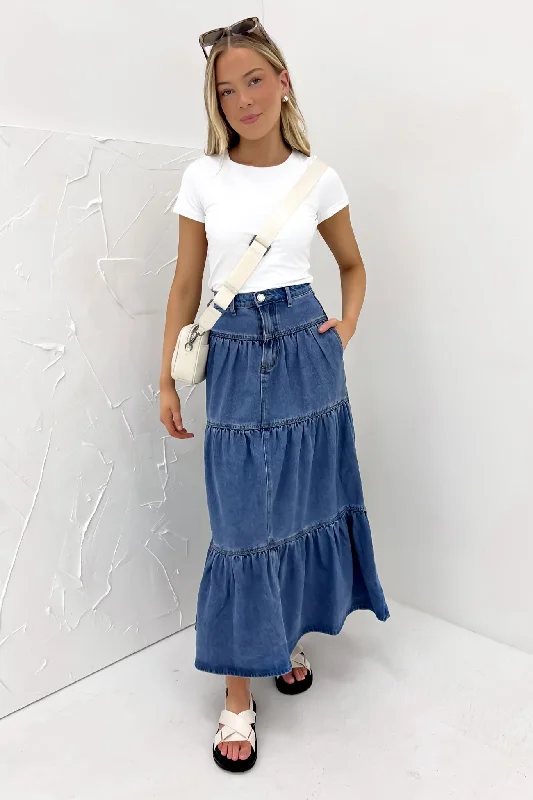 Women's Festive Attire Leela Denim Midi Skirt Mid Blue